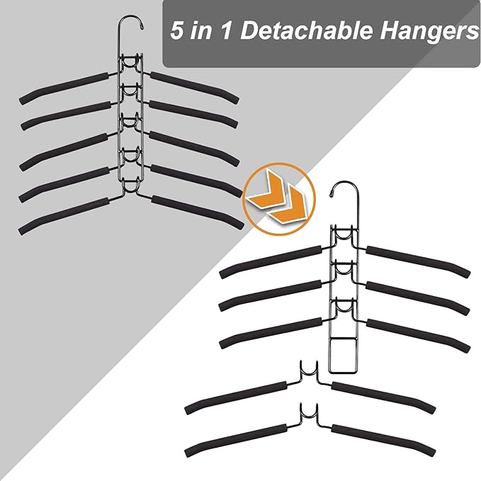 Clothes Hangers Space Saving: 2 Pack 5 in 1 Multi Layer Hangers Non-Slip Foam Padded Heavy Duty Thick Hanger Closet Organizers and Storage for Coat Sweater Suit T-Shirt…