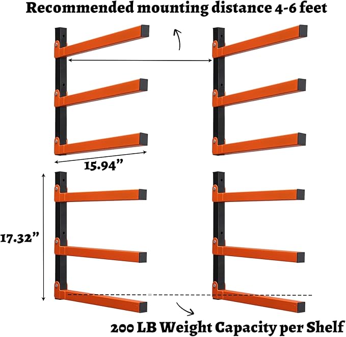 HOME RIGHT 4 Pack Lumber Rack,Wood Organizer and Lumber Storage Rack Wall Mount with 3-Level,Orange Heavy Duty Metal Wood Storage Racks for Indoor and Outdoor