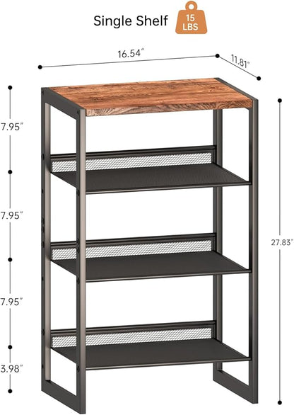4 Tier Metal Shoe Rack, Sturdy Steel Frame with Rust-Proof Coating, MDF Top, Adjustable Flat Inclined Mesh Shelves, Anti-Tip Scratch-Resistant Feet, Sleek Show Rack for Entryway, Hallway, Garage