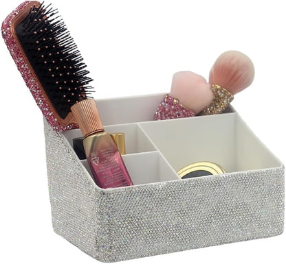 Luxury Bling Rhinestone Multi-functional Organizer Storage– Large Capacity makeup Brushes Lipsticks Storage Box with Compartments for Living Room. Bedroom and office (Siver)