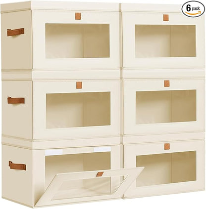 DIMJ Storage Bins with Lids - 6 Pack Fabric Closet Organizer with Window & Handles, Collapsible Decorative Storage Boxes for Shelves Under Bed, Books Clothes Blankets Sweaters Organization