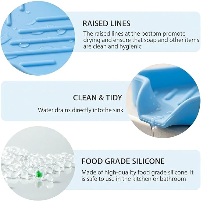 MicoYang Silicone Bathroom Soap Dishes with Drain Spout-Bathroom and Kitchen Sink Organizer,Sponge Holder,Dish Soap Tray,Perfect for Dispenser,Scrubber,Bottle on Sink or Counter-Light Blue 4.9"×3.2"
