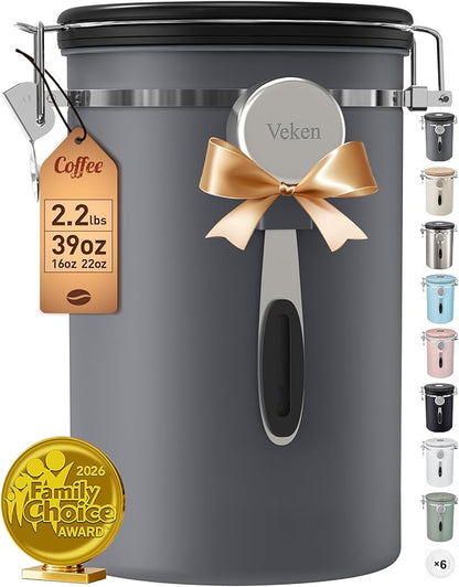 Veken Coffee Canister, 39OZ Large, Airtight Stainless Steel Food Storage Container for 2.2lbs Coffee Beans,Ground,Sugar,Espresso,Rice,Tea,Flour,Pod Baskets,Kitchen Bar Accessories,Lids,Jars,Gifts,Gray
