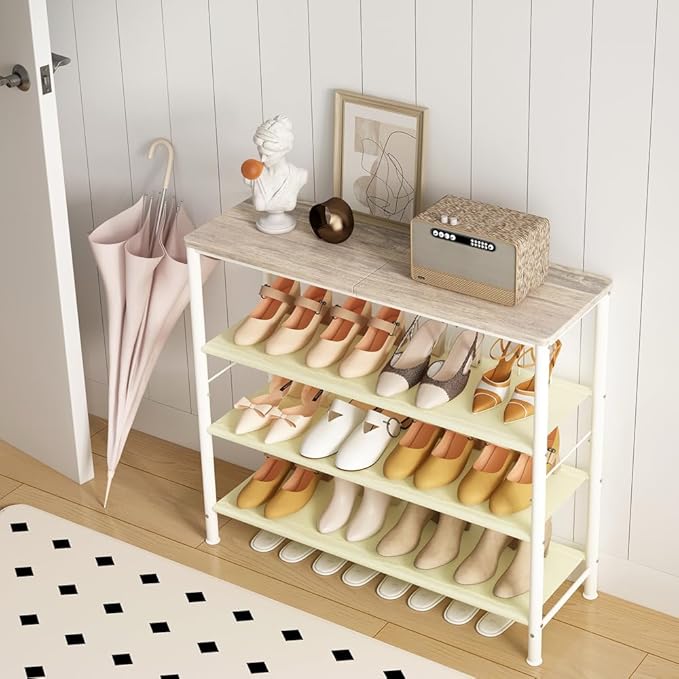 INGIORDAR Shoe Rack Organizer 5 Tier Metal Organizer Shelf with Industrial MDF Board and Layer Fabric for Entryway Closet Bedroom Living Room Garage (White, 4 Tier)