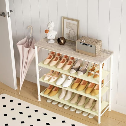 INGIORDAR Shoe Rack Organizer 5 Tier Metal Organizer Shelf with Industrial MDF Board and Layer Fabric for Entryway Closet Bedroom Living Room Garage (White, 4 Tier)