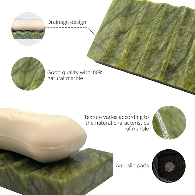 WeDoDecor Real Marble Soap Dish for Shower - Decorative Stone Tray, Small Bar Soap Holder with Drainage | Non-Slip, Luxury Bath Room Accessories (Earth Green)