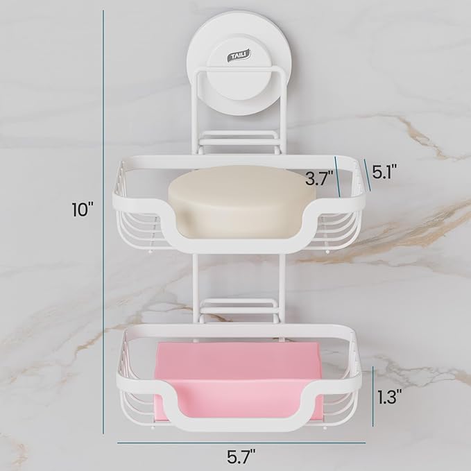 TAILI Double Layer Soap Holder, Bar Soap Dish Suction Cup for Shower Wall, Draining Saver Tray for Bathroom, Rustproof Stainless Steel Sponge Holder for Tub, Kitchen, Drill-Free, White
