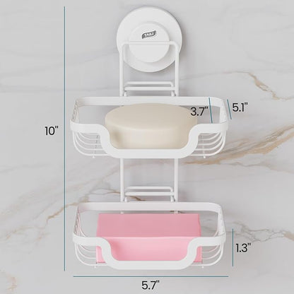 TAILI Double Layer Soap Holder, Bar Soap Dish Suction Cup for Shower Wall, Draining Saver Tray for Bathroom, Rustproof Stainless Steel Sponge Holder for Tub, Kitchen, Drill-Free, White