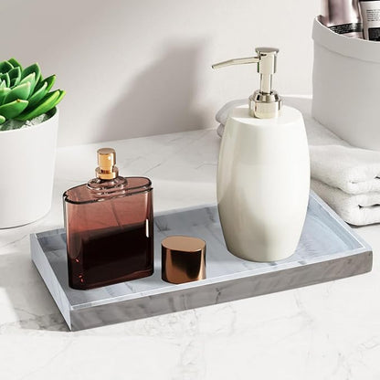 2PCS(7.87” L and 11.8” L) Silicone Soap Dispenser Tray, Kitchen soap Caddy countertop, Toilet, Tray for Scrubber, Lotion Bottles, Perfume, Jewelry, Candle, Key Trinket Ring-White Marble