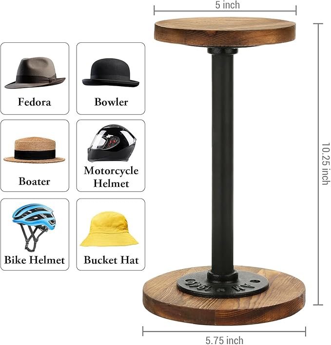 MyGift 4 Pcs Hat Rack Stand, Cowboy Hat Holder, Baseball Cap Organizer Storage, Tabletop Wig Display Stand, Jewelry Pedestal, Rustic Burnt Wood and Black Metal Pipe