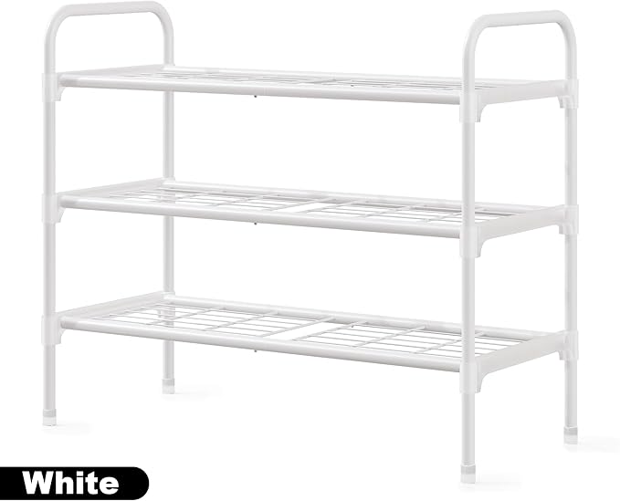 3-Tler Shoe Rack Organlzer, Rustproof lron, Spaclous Shoe Storage Shelf for Closet or Entryway, Fits Sneakers & Slippers, White