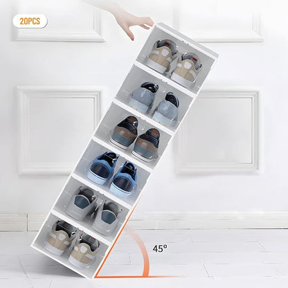 20 PCS Shoe Storage Boxes,Clear Plastic Clamshell Shoebox Stackable Shoe Organizer Foldable Display Box Container Closet Shelf Display Case Ventilation