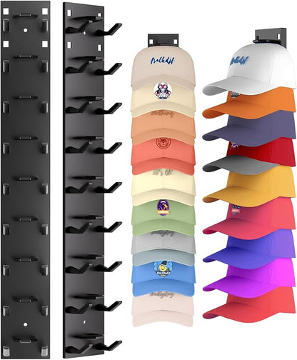2 Pack Hat Organizer for Baseball Caps, Strong Adhesive Hat Rack for Wall, Multilayer Hat Storage Display Holder for Door Closet, Cap Organizer Storage Wall Mounted Hat Hooks Hold up to 18 Hat (Black)