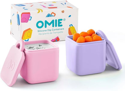 OmieBox (2 Pack) Leakproof Dips Containers to Go, Salad Dressing Container, Condiment Container with Lids - Food Safe Silicone - 4 Ounces (Pink/Purple)