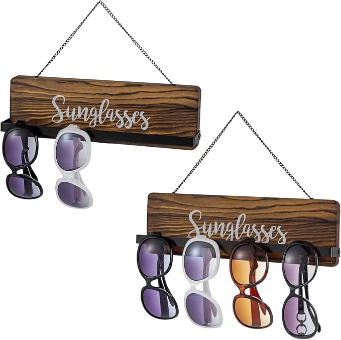 MyGift Rustic Burnt Wood Wall Mounted Sunglasses Storage Holder, Eyewear Hanging Display Organizer Rack with Cursive Sunglasses Lettering, Set of 2
