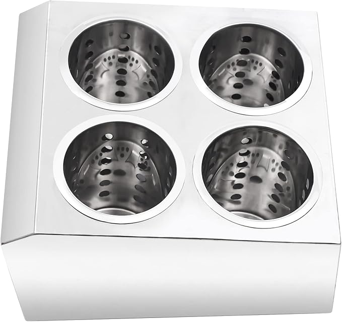 Commercial 4-Hole Flatware Cylinder Holder with Cups, 4-Compartment Stainless Steel Cylinder Flatware Silverware Caddy Utensil Holder Organizer Canddy Countertop for Restaurant Kitchen