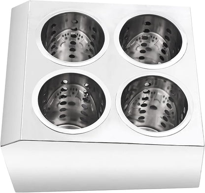 Commercial 4-Hole Flatware Cylinder Holder with Cups, 4-Compartment Stainless Steel Cylinder Flatware Silverware Caddy Utensil Holder Organizer Canddy Countertop for Restaurant Kitchen