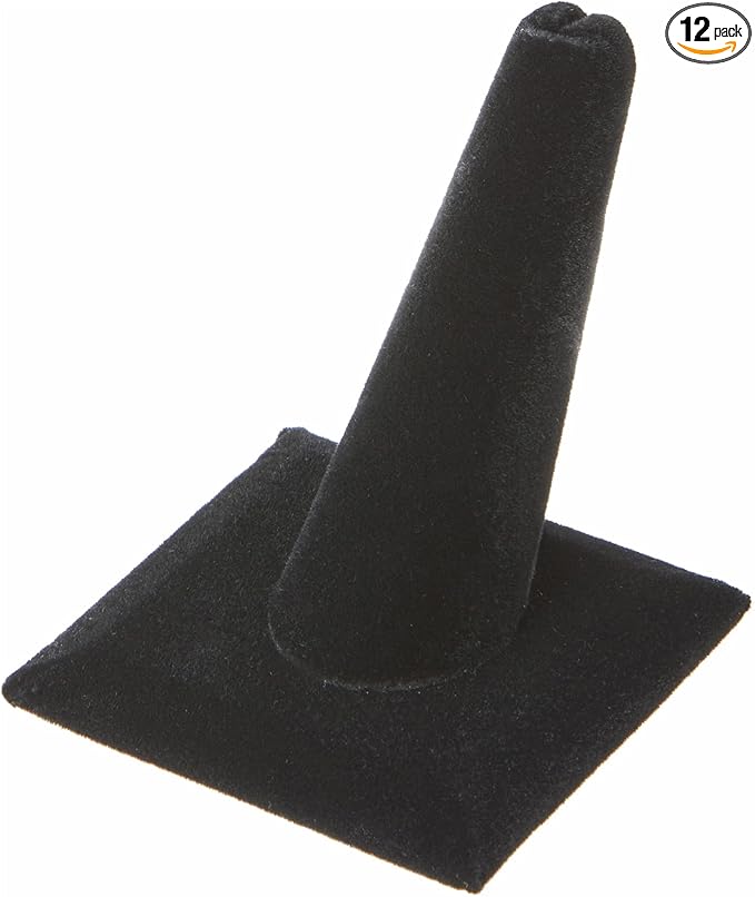Plymor Black Velvet Ring Finger Display, Single on Square Base, 2.125" W x 2.125" D x 2.375" H (Pack of 12)