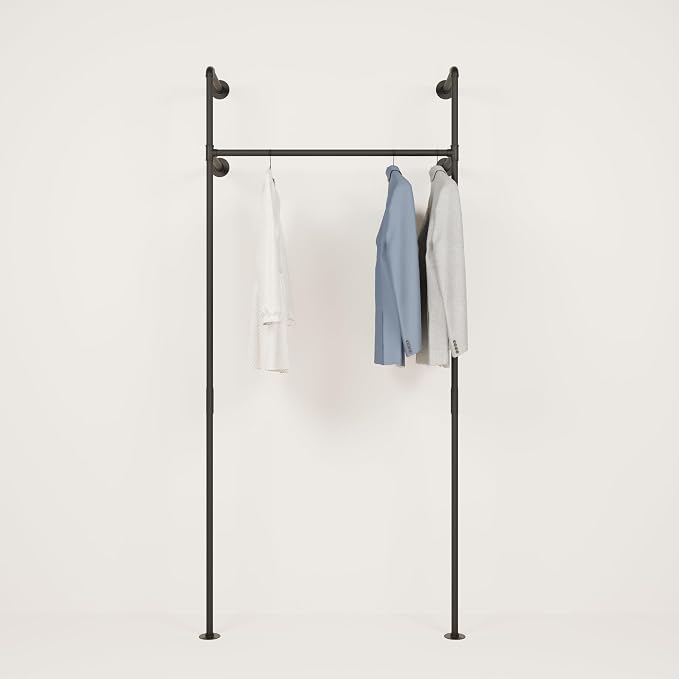 pamo Wall Mounted Pipe Clothing Rack – Industrial Closet System in Black Powder-Coated Steel – 41" W × 87" H, 309 lbs – Walk-In Closet & Retail