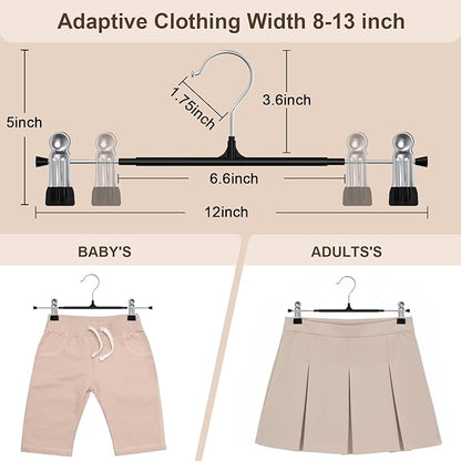 POZEAN Pants Hangers with Clips for Women 20 Pack, 12Inch Adjustable Heavy Duty Skirt Hangers, Space Saving Non-Slip Shorts Jeans Trousers Clothes Hangers, Black