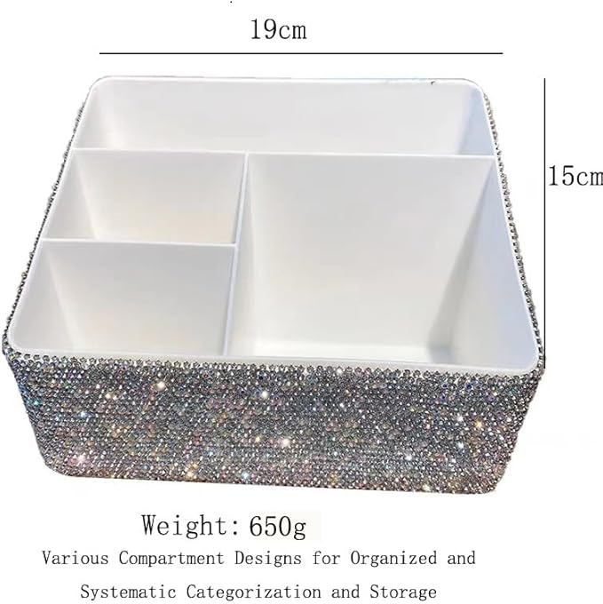 Luxury Bling Rhinestone Multi-functional Organizer Storage– Large Capacity makeup Brushes Lipsticks Storage Box with Compartments for Living Room. Bedroom and office (Siver)