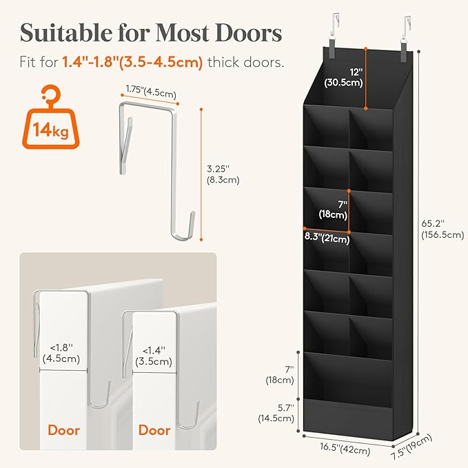 Lifewit 8 Tier Over the Door Shoe Organizer with 15 Large Deep Pockets, Fabric Hanging Shoes Shelf for Closet, Dorm Storage, Fit Up to 16 Pair Shoe Rack Holder for Sneakers, Boots, Black