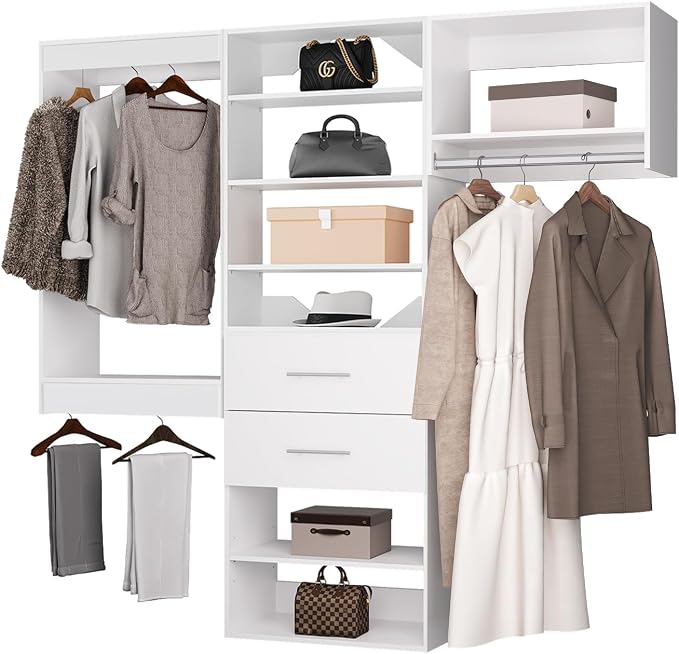 ROOMTEC Modular Closet System, 78" Wall Mounted Modern Closet Organizer with Hanging Rods and Drawers, Wooden Tower for Walk-In Closets, Wardrobe Storage Kit, White