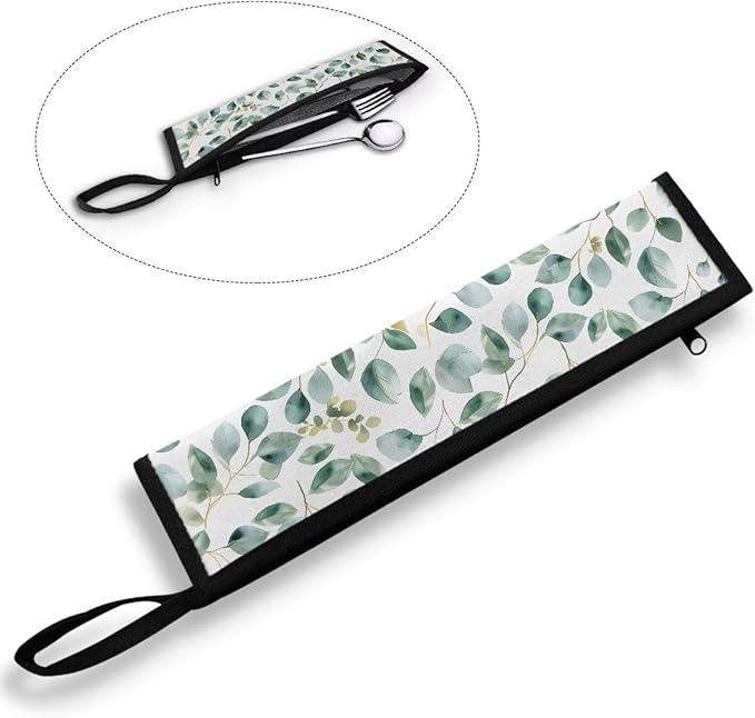 Cutlery Pouch Silverware Set Bag Tableware Carrying Case with Carrying Handle, Carry-On Utensil Holder Toiletry Bag for Travel Picnic Outdoor,Green Leaves Pattern