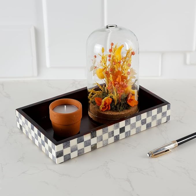 Handicrafts Home Small White & Black Bathroom Tray, Vanity Tray for Countertop & Kitchen Sink Decor, Decorative Napkin Holder, Vanity Tray for Cosmetics Organizer, Guest Towel Holder - Checkered 10x6