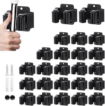 JAMEND CLXP 24PCS Broom and Mop Holder, Heavy Duty Garden Tool Organizer Rack Rake and Shovel Handle, Stainless Steel Mop Hanger. Wall Mounted with Screws.Matte Black