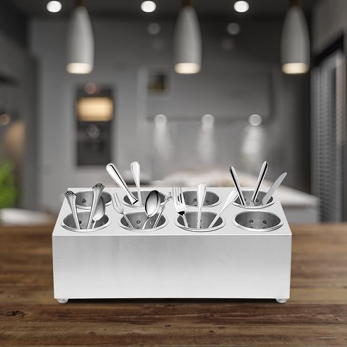 Commercial Utensil Holder, Commercial 6-Hole Stainless Steel Cylinder Flatware Silverware Utensil Holder Compact Cutlery Organizer Countertop Silverware Organizer for Restaurant (8-Hole)