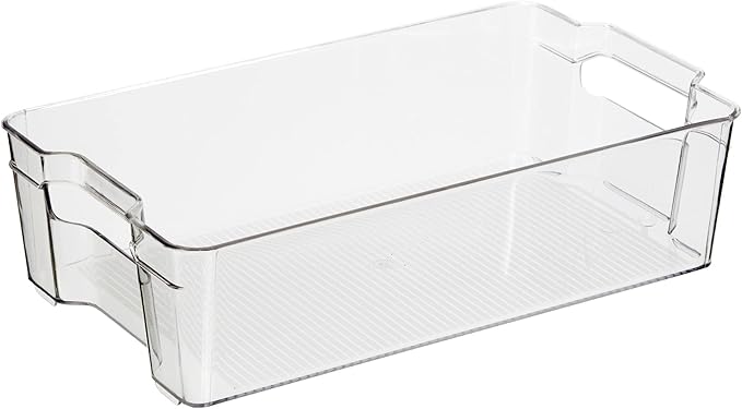 OGGI Stackable Storage Bin With Handle - Large (14.75" x 8.5" x 3.75") - Ideal for Kitchen Organization, Pantry Storage, Fridge Organizing, Clear