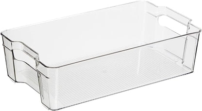 OGGI Stackable Storage Bin With Handle - Large (14.75" x 8.5" x 3.75") - Ideal for Kitchen Organization, Pantry Storage, Fridge Organizing, Clear