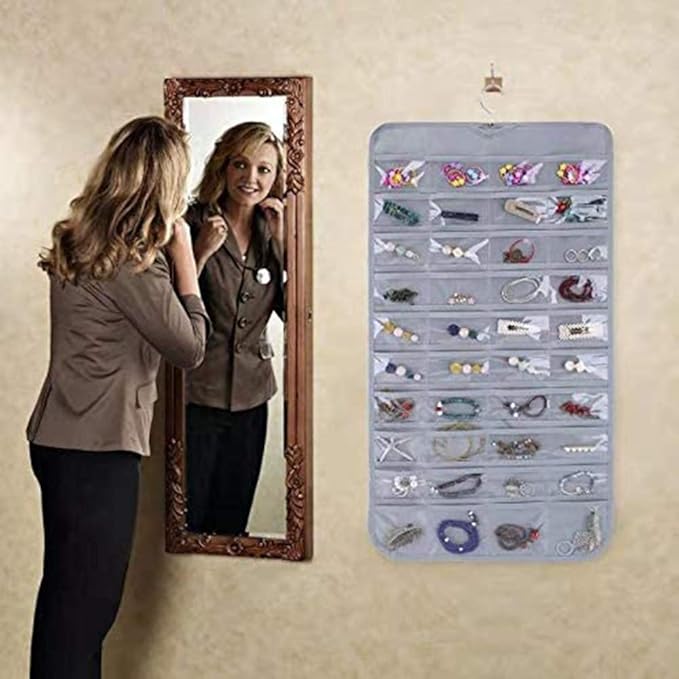 Hanging Jewelry Organizer, Accessories Storage with 80 Pockets Closet Organizers, Necklace, Earring, Ring Holder for Jewelries (Gray)