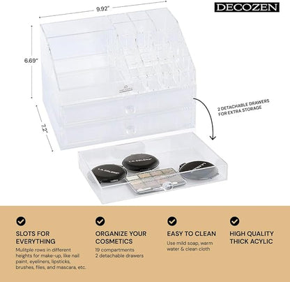 Decozen Makeup Organizer - Vanity Storage with Multiple Compartments and Drawers for Brushes, Lipsticks, Jewelry, Perfect for makeup organizer countertop, makeup holders and organizers, Gift for Mom