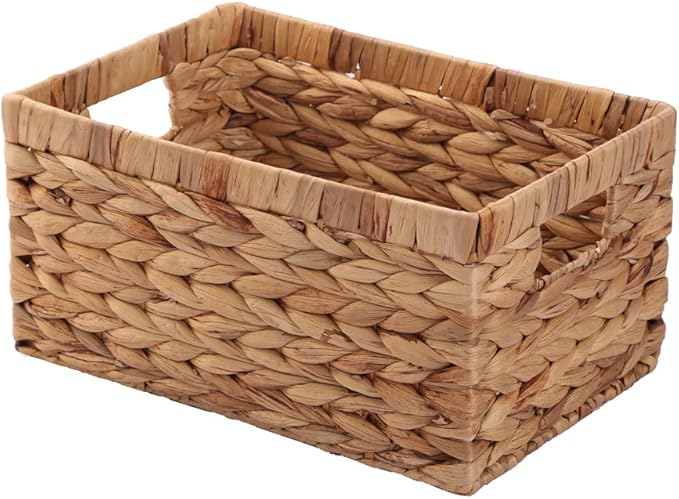 Woven Natural Water hyacinth basket Rectangular organizer basket with Handle for Desktop, Bathroom, Entryway,Kingwillow.(Small)