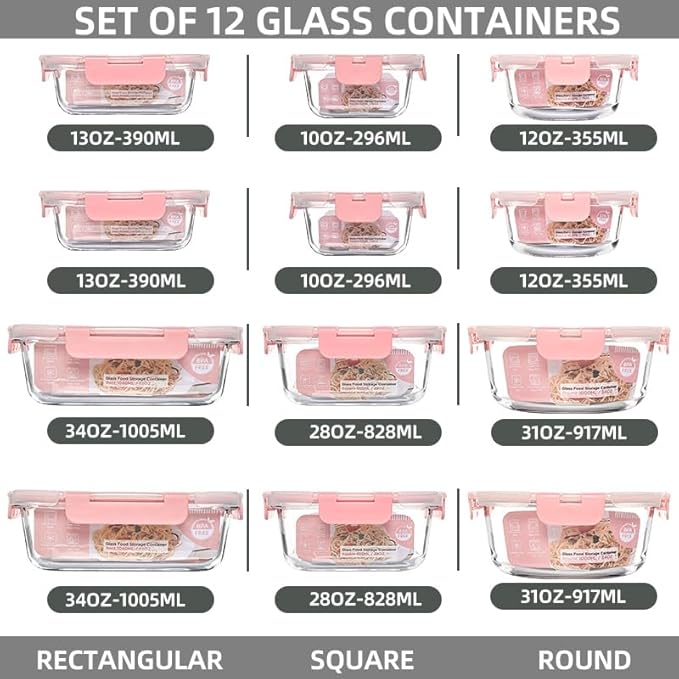 12 Pack Glass Storage Containers Transparent, Stackable Design Meal Prep Containers for Food Storage, Home, Kitchen & Pantry Organization, Microwave/Freezer/Dishwasher Safe
