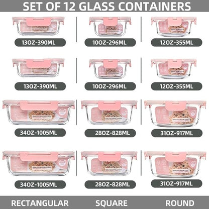 12 Pack Glass Storage Containers Transparent, Stackable Design Meal Prep Containers for Food Storage, Home, Kitchen & Pantry Organization, Microwave/Freezer/Dishwasher Safe
