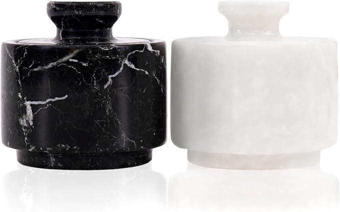 MARBLOUS KRAFTS Marble Salt Cellar with Lid 3" White and Black Zebra Spice Jar For kitchen Counter Stone Salt Container and Salt, Pepper Bowls, Perfect Mother’s Day Gift