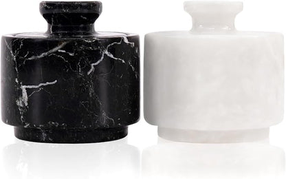 MARBLOUS KRAFTS Marble Salt Cellar with Lid 3" White and Black Zebra Spice Jar For kitchen Counter Stone Salt Container and Salt, Pepper Bowls, Perfect Mother’s Day Gift