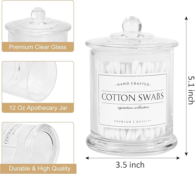 Volisnova 2 Pack Farmhouse Apothecary Jars with Lids - Glass Qtip Dispensers and Cotton Ball Holders for Bathroom Vanity Storage and Organization with 8 Pcs Wterproof Labels (Clear Glass)