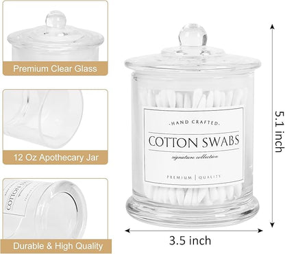 Volisnova 2 Pack Farmhouse Apothecary Jars with Lids - Glass Qtip Dispensers and Cotton Ball Holders for Bathroom Vanity Storage and Organization with 8 Pcs Wterproof Labels (Clear Glass)