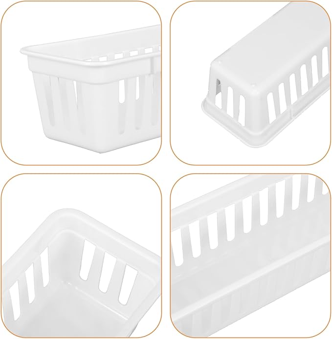 12 Pack Slim Plastic Storage Baskets Tray for Organizing 10.25 x 3.25 x 2.5 Inch Small Narrow Storage Bins Stackable Drawer Pencil Trays Holder for Desk Garage Cabinet Containers(White)