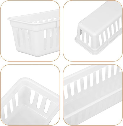12 Pack Slim Plastic Storage Baskets Tray for Organizing 10.25 x 3.25 x 2.5 Inch Small Narrow Storage Bins Stackable Drawer Pencil Trays Holder for Desk Garage Cabinet Containers(White)