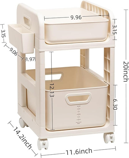 Rolling Makeup Organizer Cart with Removable Drawer, 2 Tier Stable White Floor Skincare Storage Cart for Vanity, Cosmetic Display, Nail Polish, Perfume, Hair Stuff, Beauty, Bathroom (2 Tier White)