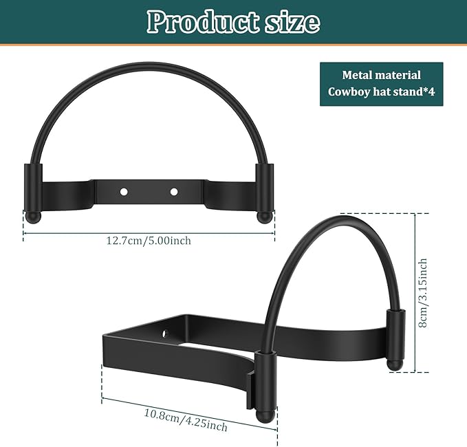 4 Pcs Metal Cowboy Hat Rack, Wall Mounted, Black Cap Holder, Multifunctional Western Rustic Decorative Cowboy Hat Hooks for Home Apartment Dormitory