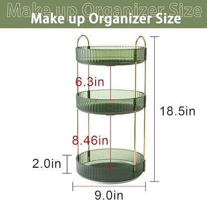 shuang qing Rotating Makeup Organizer for Vanity, High-Capacity Skincare Clear Make Up Storage Perfume Organizers Cosmetic Dresser Organizer Countertop 360 Spinning (Green, 3 Tier)
