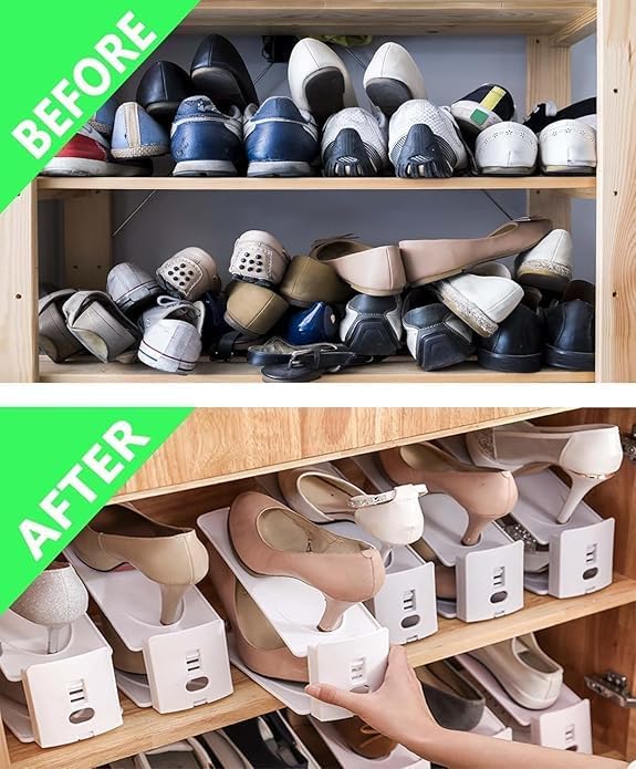 HYGRAD® 12 Pack Shoe Organiser Slots 3 Level Height Adjustable Shoe Organising Holders Space Saving For Shoes Suitable For All Shoes Shoe Rack Organiser (White)