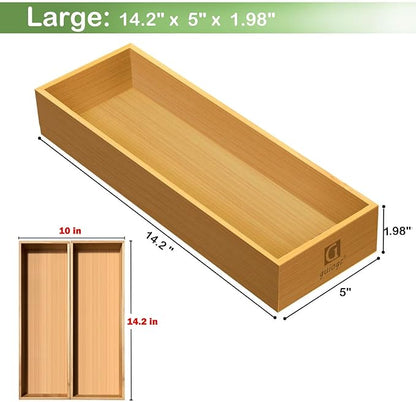 guiogc Bamboo Drawer Silverware Organizer, Silverware Tray, Flatware Organizer, Bamboo Storage Box Suitable for Office, Bathroom and other objects storage (14.2"x5"x2"-Set of 2)