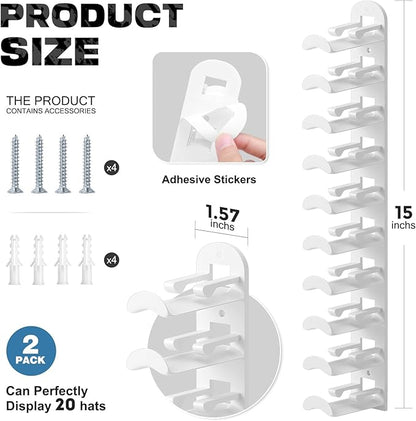 Hat Hook for Wall, 2 Pack Hat Organizer Hold up to 20 Hats,Hat Holder with Strong Adhesive and 8 Pack Screws, Cap Holder Hat Hangers for Wall Closet Door and Bedroom(B-white)